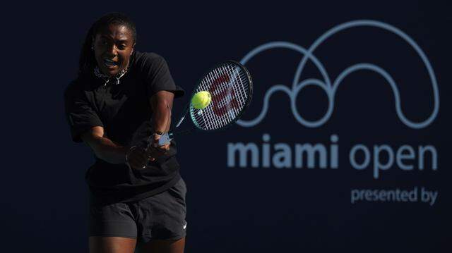 Hailey Baptiste (USA) practices before a match against Aryna Sabalenka at the Miami Open on Wednesday, March 25, 2026, at Hard Rock Stadium in Miami Gardens, Fla. 